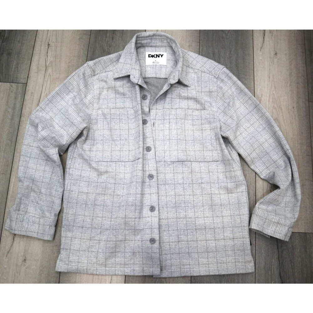 DKNY JEANS Men's Gray/White Cotton Fleece Button-Up Shirt size L